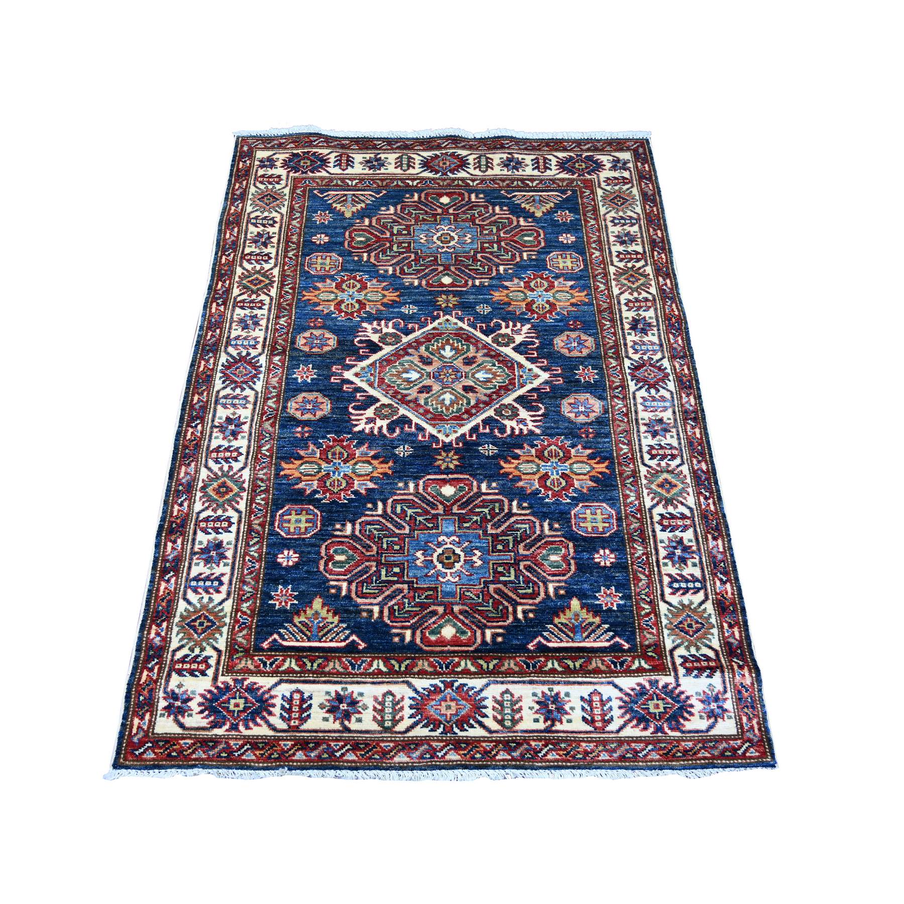 Yale Blue, Afghan Super Kazak with Geometric Medallions Design, Hand Knotted, Soft and Shiny Wool, Vegetable Dyes, Oriental Rug